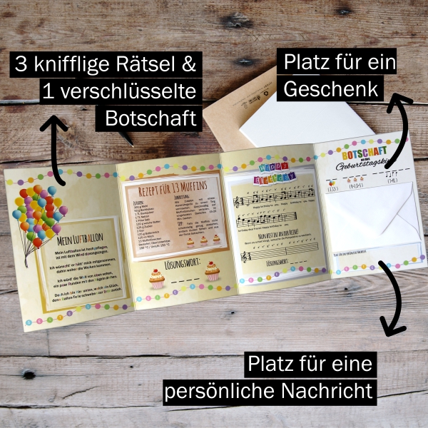 Set aus 3 Geburtstags-Rätselkarten