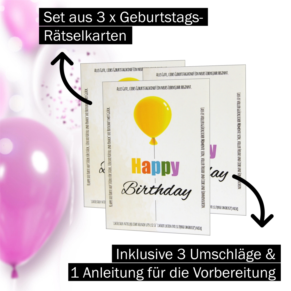 Set aus 3 Geburtstags-Rätselkarten